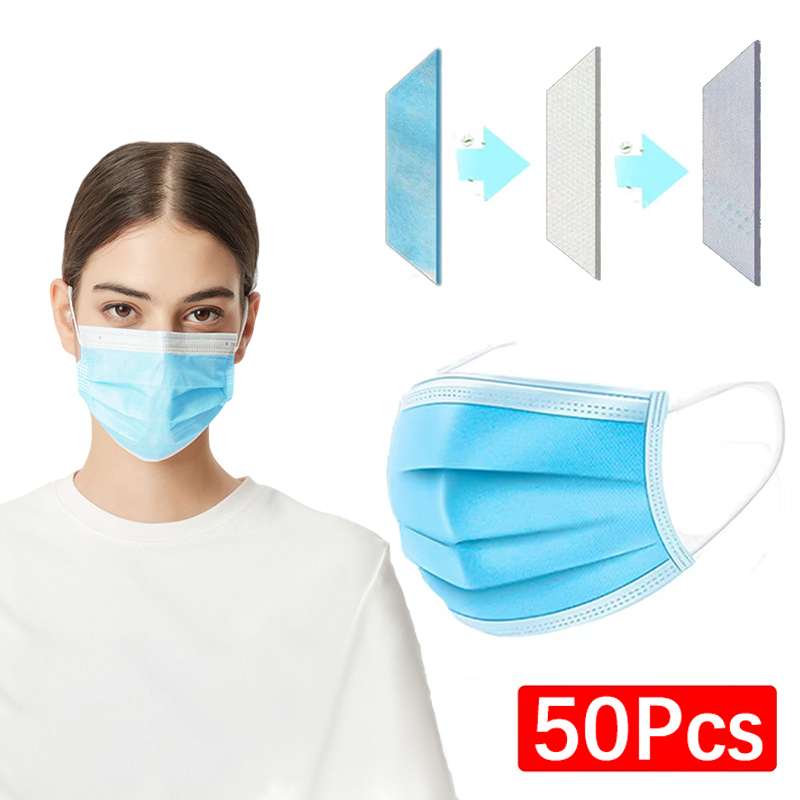 50Pcs Unisex 3-layer Mask Face - Disposable Mask Blue recension och pris
